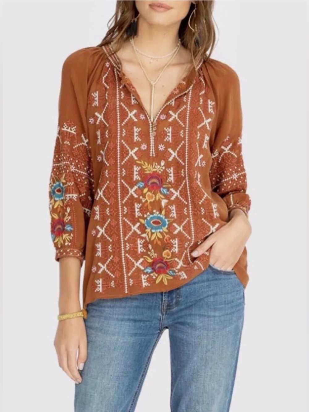 Johnny Was Workshop Silk Talline Embroidered Blouse Tie Back XS